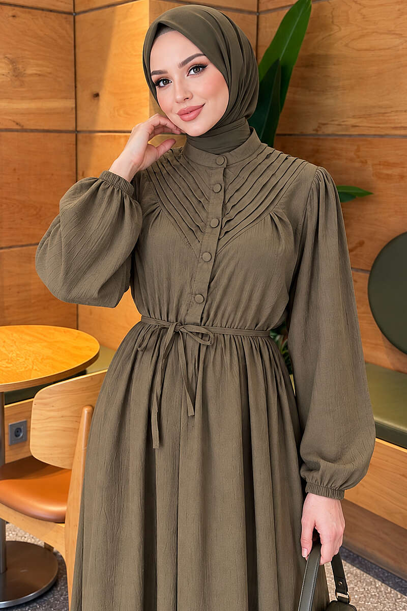 Ribbed Dress with Elastic Waist - Khaki