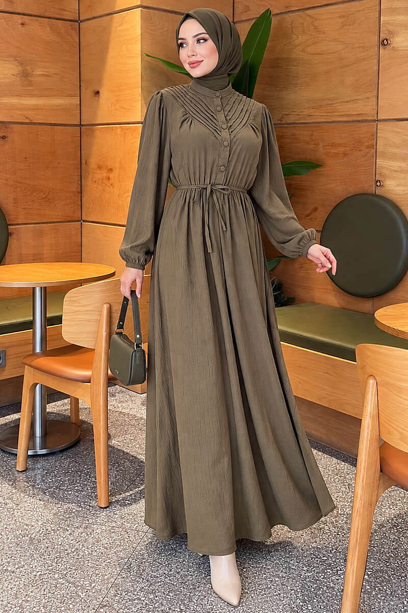 Ribbed Dress with Elastic Waist - Khaki