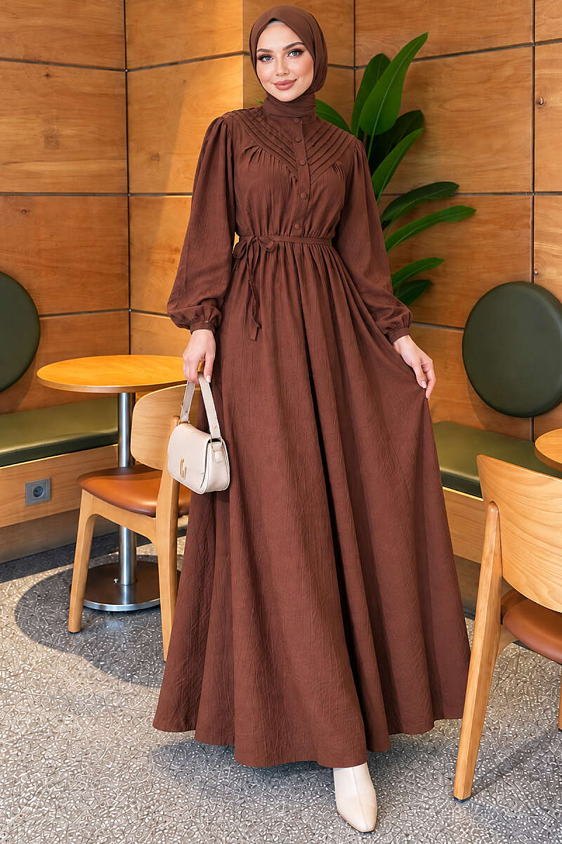 Ribbed Dress with Elastic Waist - Brown
