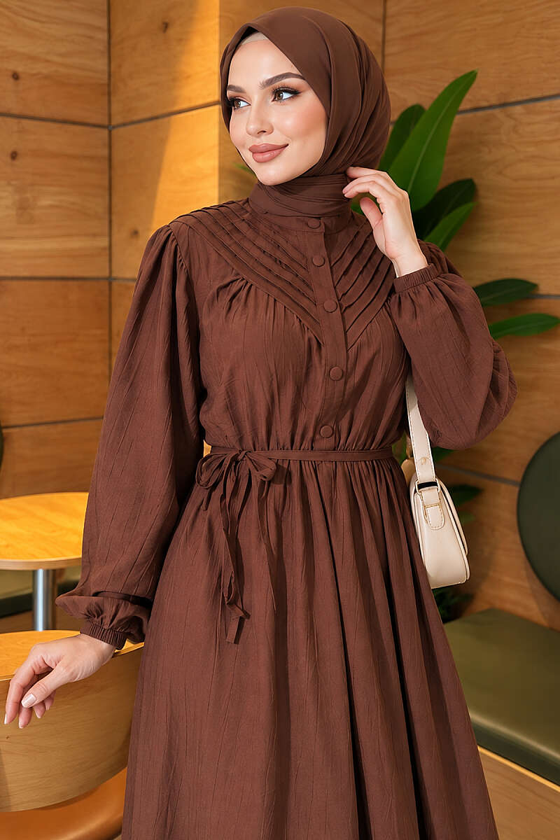 Ribbed Dress with Elastic Waist - Brown
