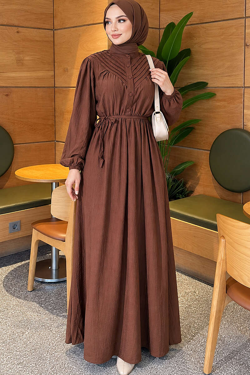 Ribbed Dress with Elastic Waist - Brown