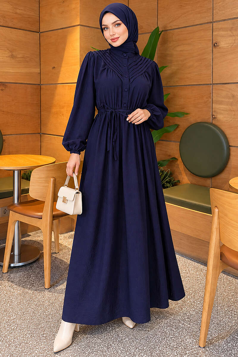 Ribbed Dress with Elastic Waist - Navy