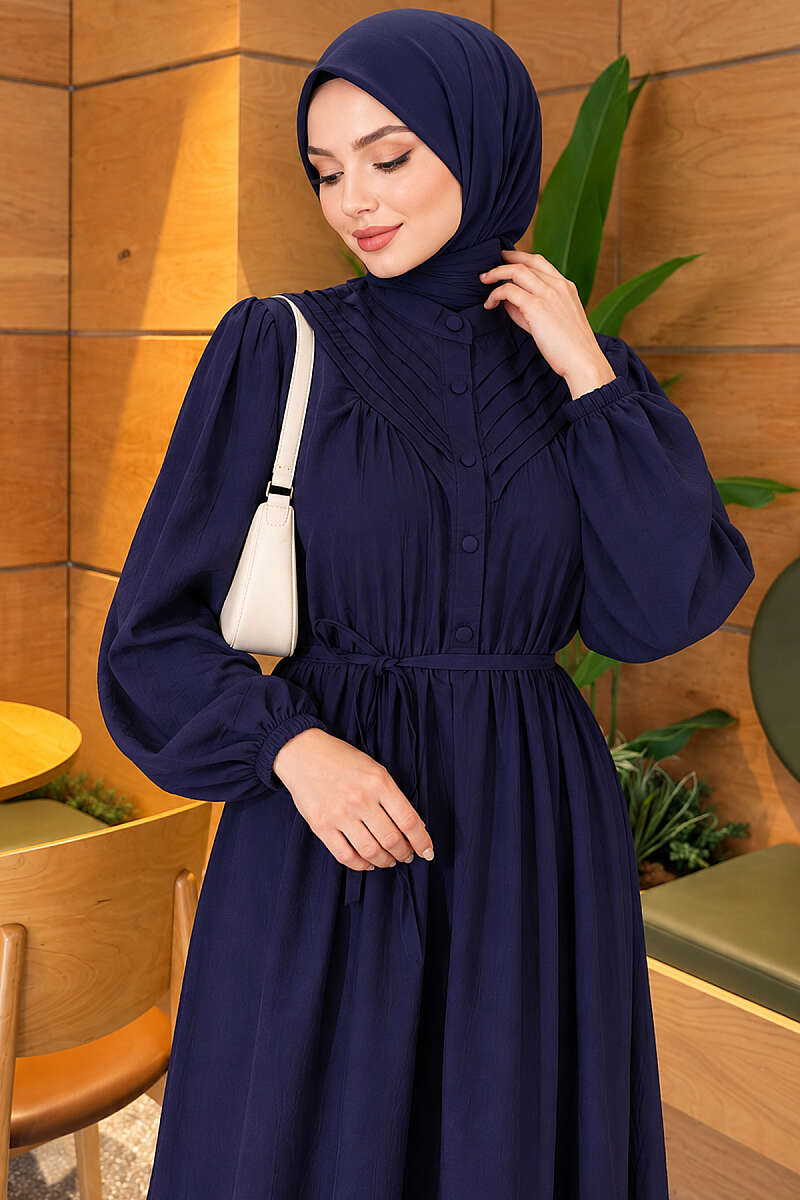 Ribbed Dress with Elastic Waist - Navy