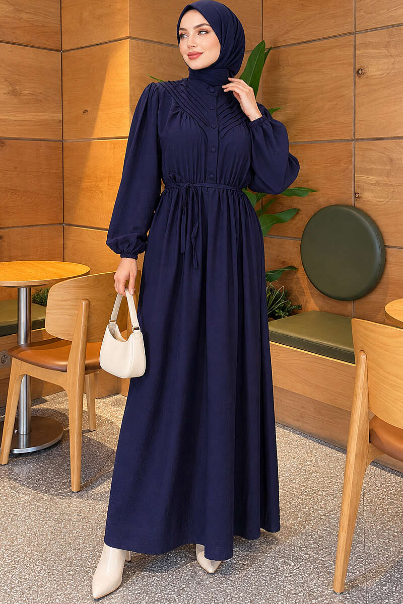 Ribbed Dress with Elastic Waist - Navy
