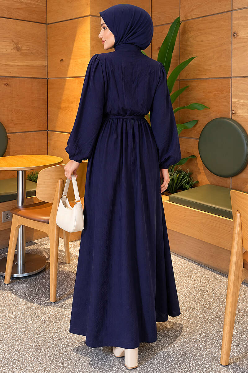 Ribbed Dress with Elastic Waist - Navy