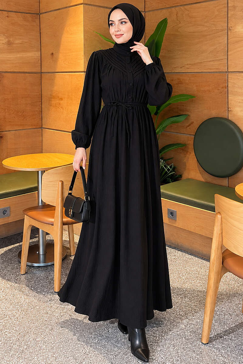 Ribbed Dress with Elastic Waist - Black