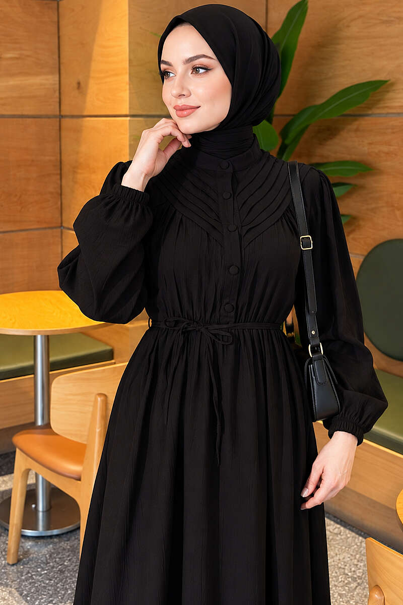 Ribbed Dress with Elastic Waist - Black