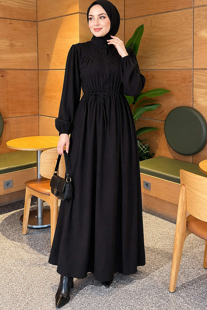 Ribbed Dress with Elastic Waist - Black
