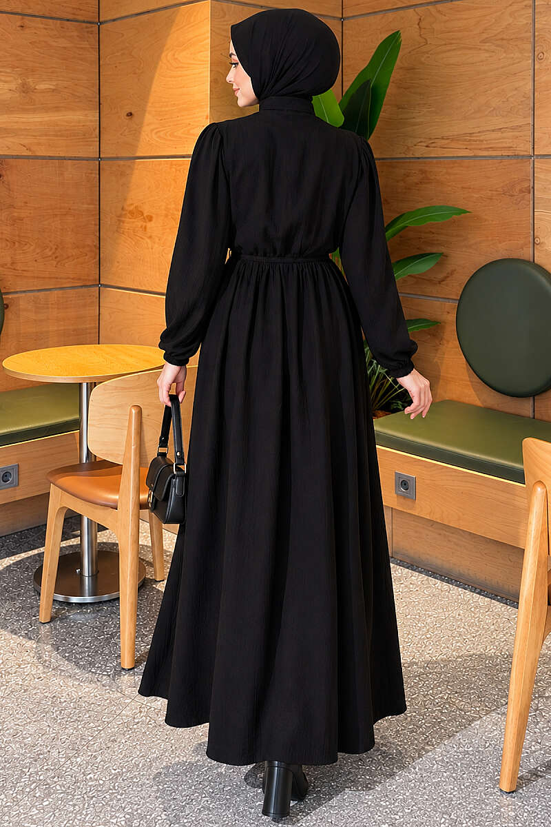 Ribbed Dress with Elastic Waist - Black