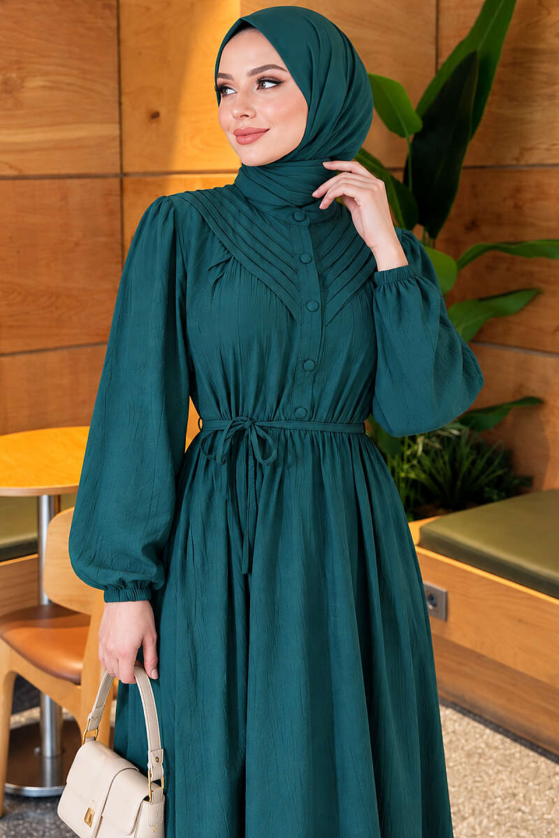 Ribbed Dress with Elastic Waist - Emerald