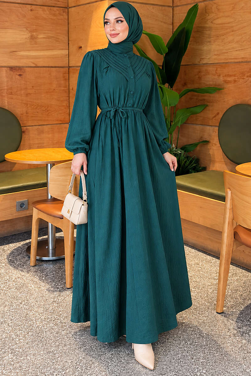 Ribbed Dress with Elastic Waist - Emerald