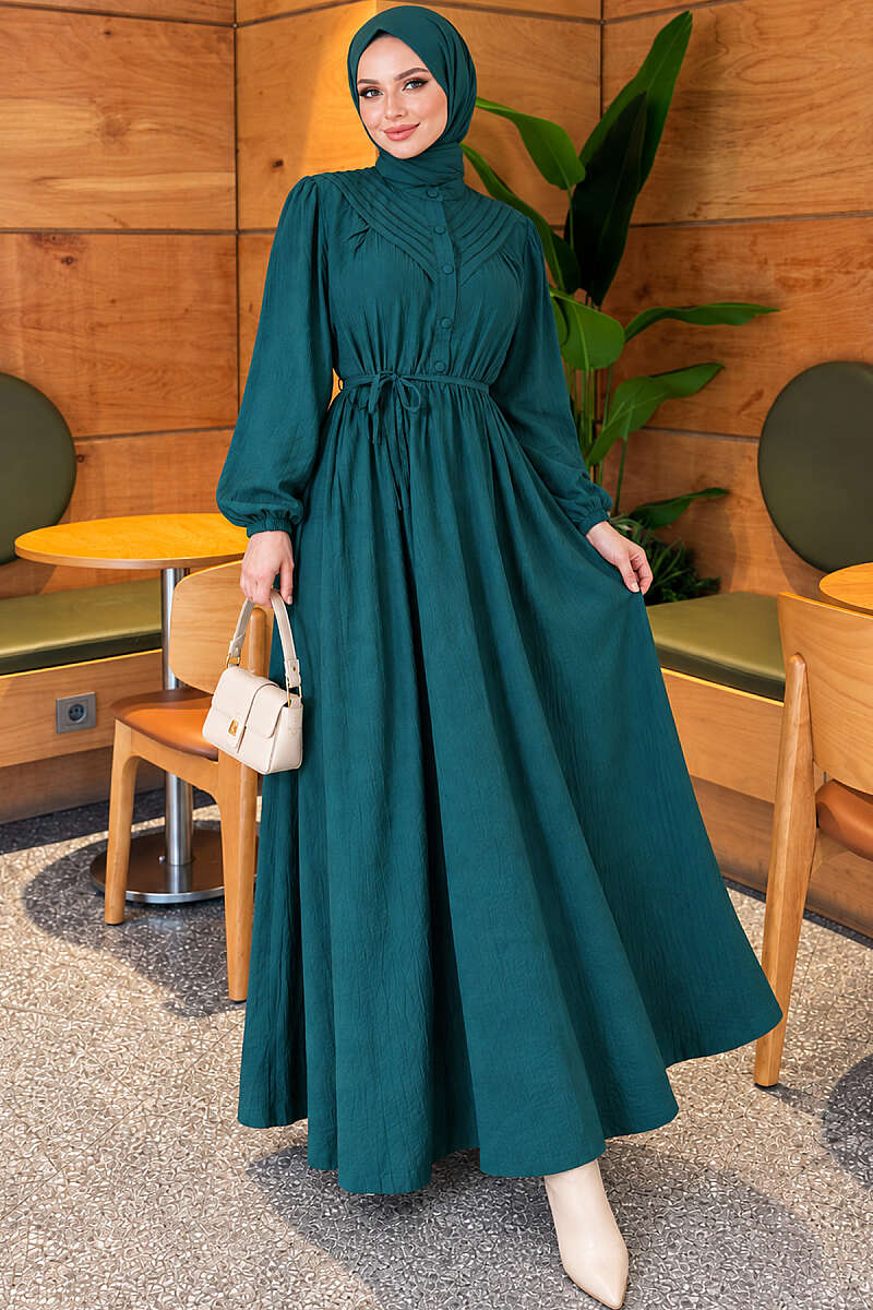 Ribbed Dress with Elastic Waist - Emerald