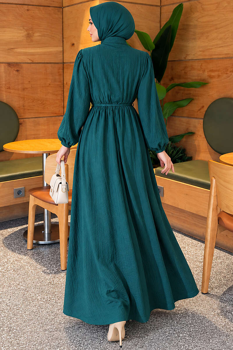 Ribbed Dress with Elastic Waist - Emerald