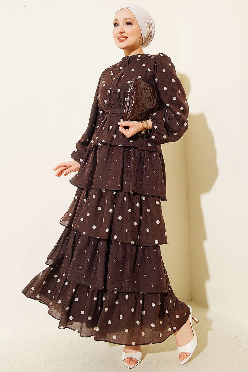 Tiered Polka Dot Dress with Elastic Waist - Brown