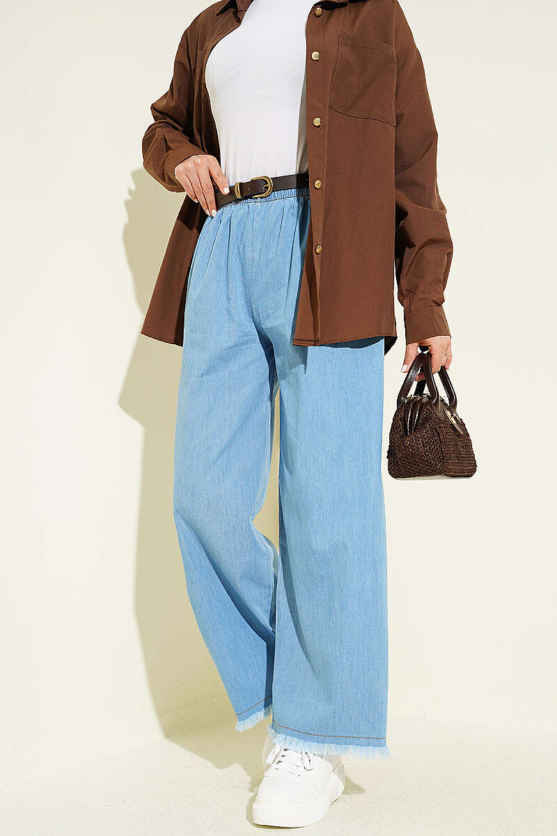 Jeans with Tassel Hem and Elastic Waist - Denim Blue