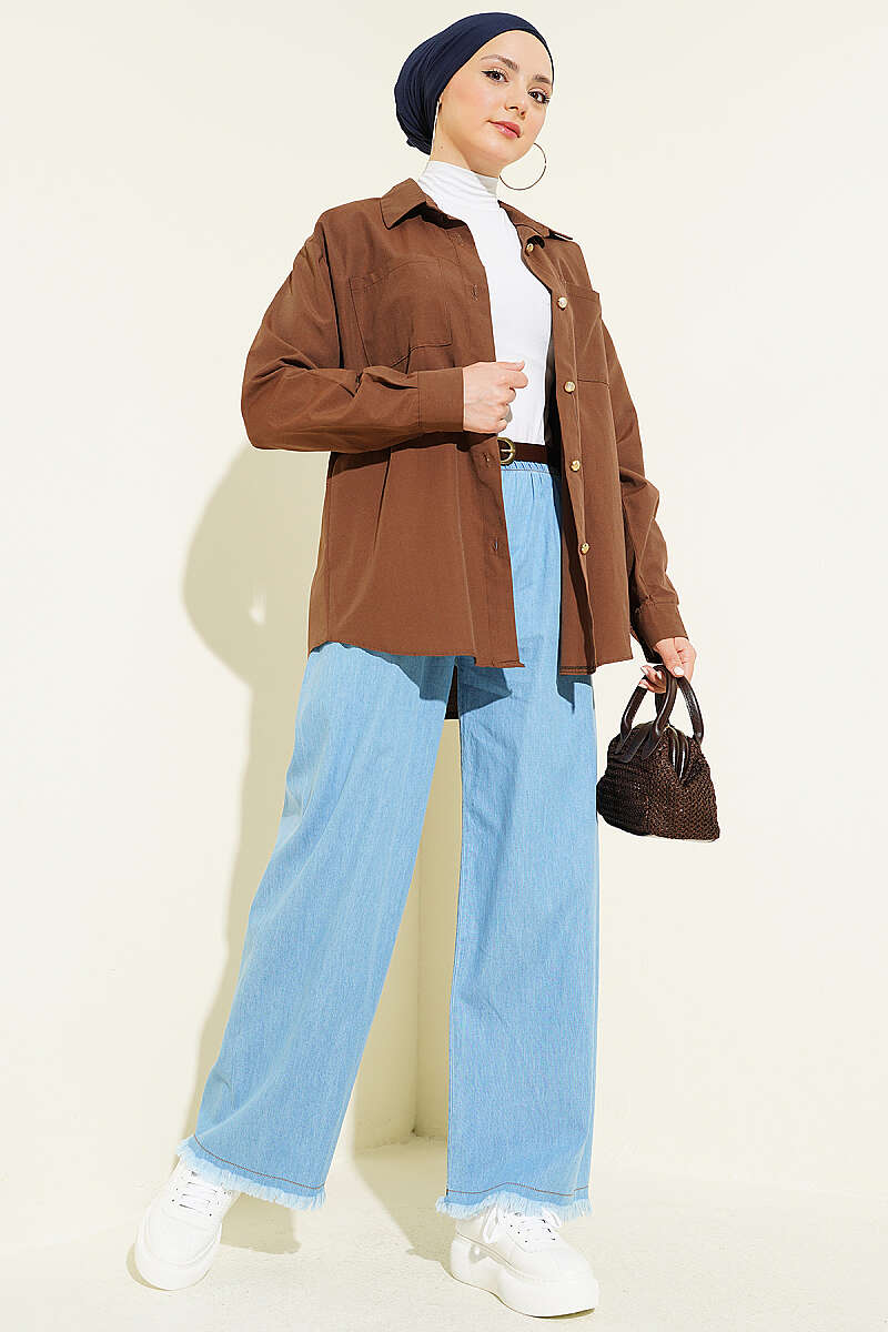 Jeans with Tassel Hem and Elastic Waist - Denim Blue