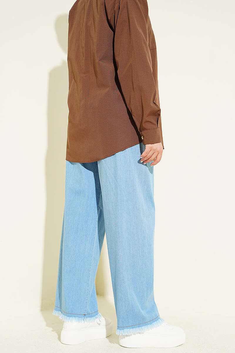 Jeans with Tassel Hem and Elastic Waist - Denim Blue