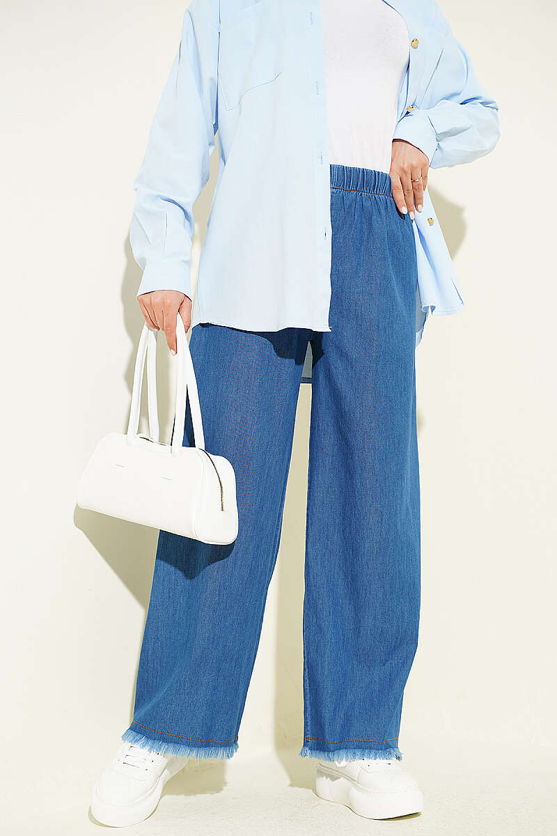 Jeans with Tassel Hem and Elastic Waist - Denim Blue 2