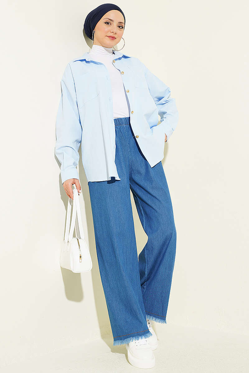 Jeans with Tassel Hem and Elastic Waist - Denim Blue 2