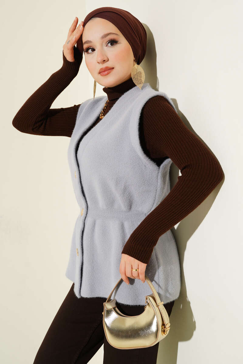 Fluffy Knit Vest with Elastic Waist - Grey