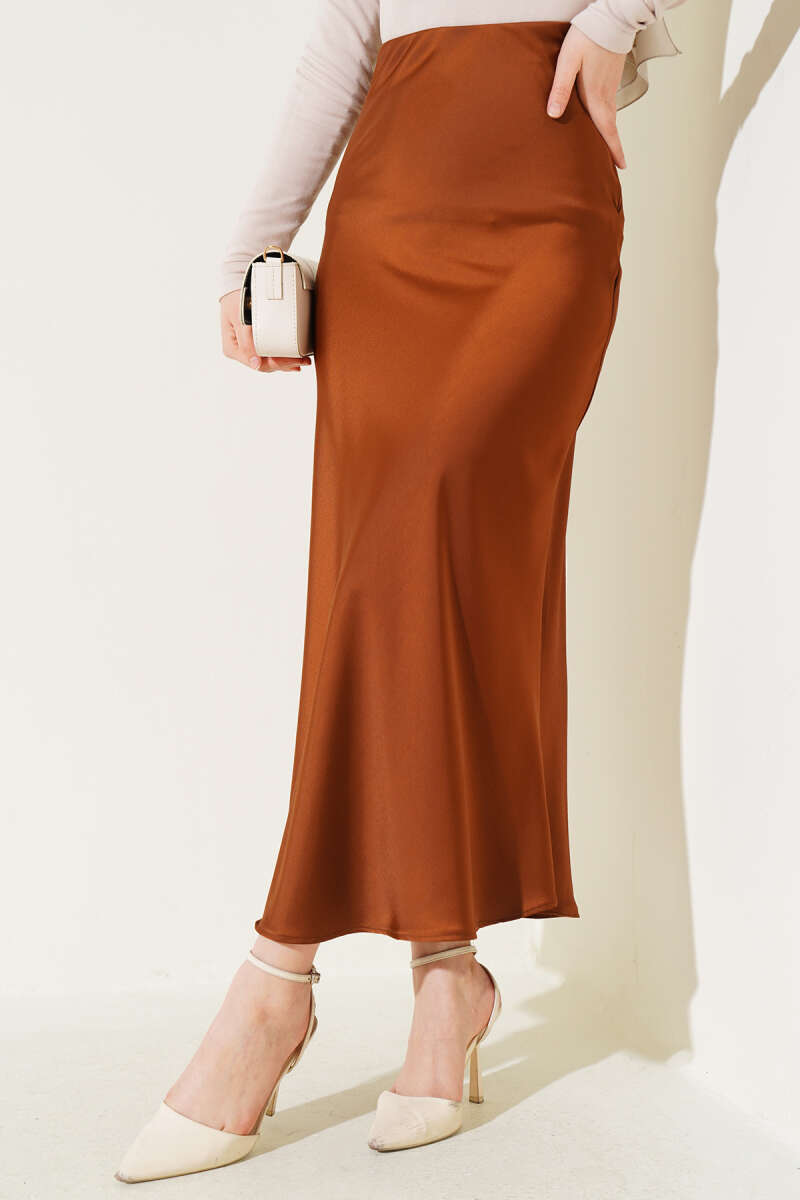 Satin Skirt with Elastic Waist - Brown
