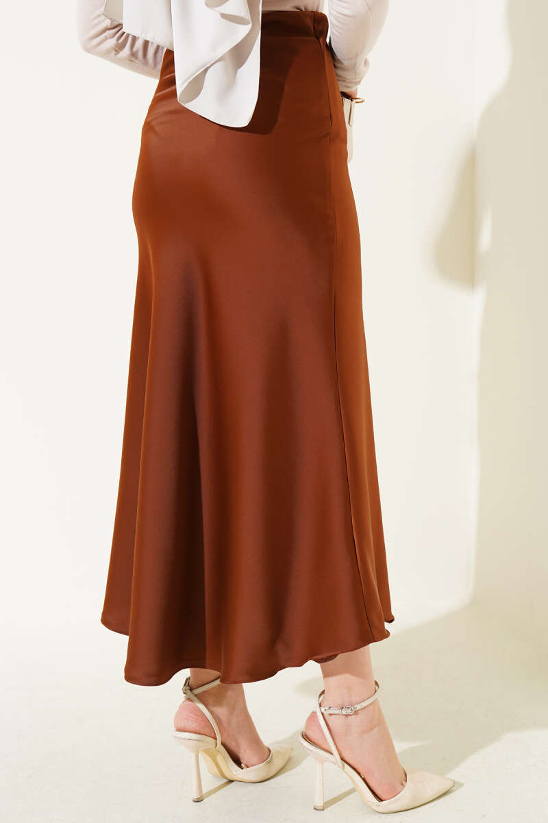 Satin Skirt with Elastic Waist - Brown