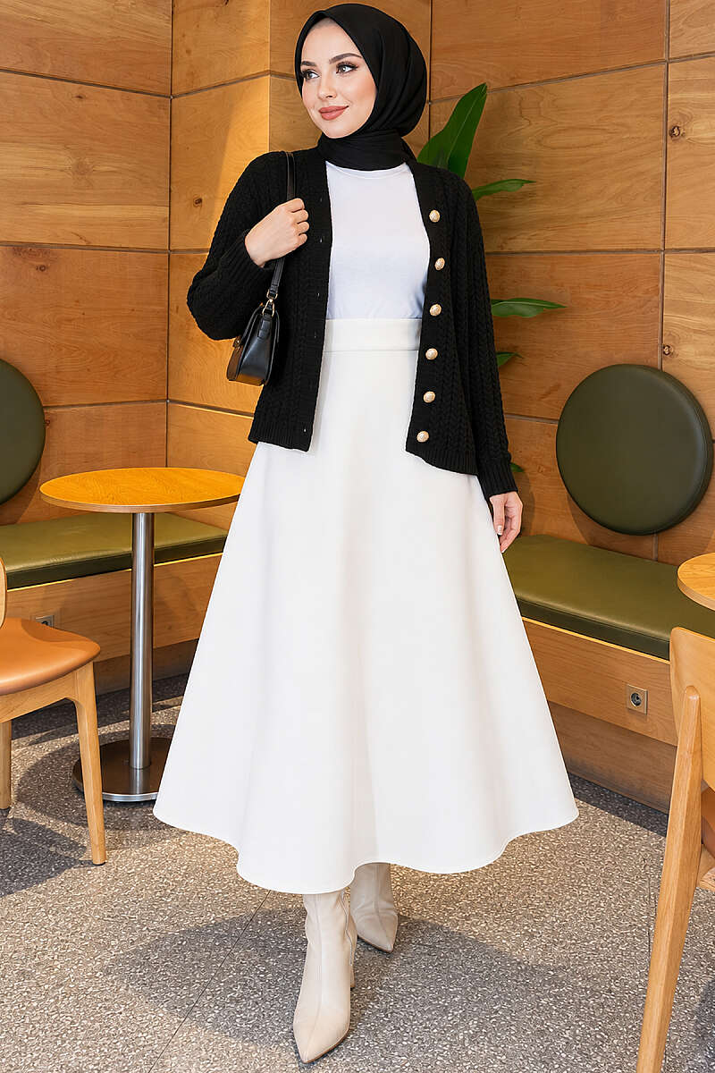 Scuba Bell Skirt with Elastic Waist - White