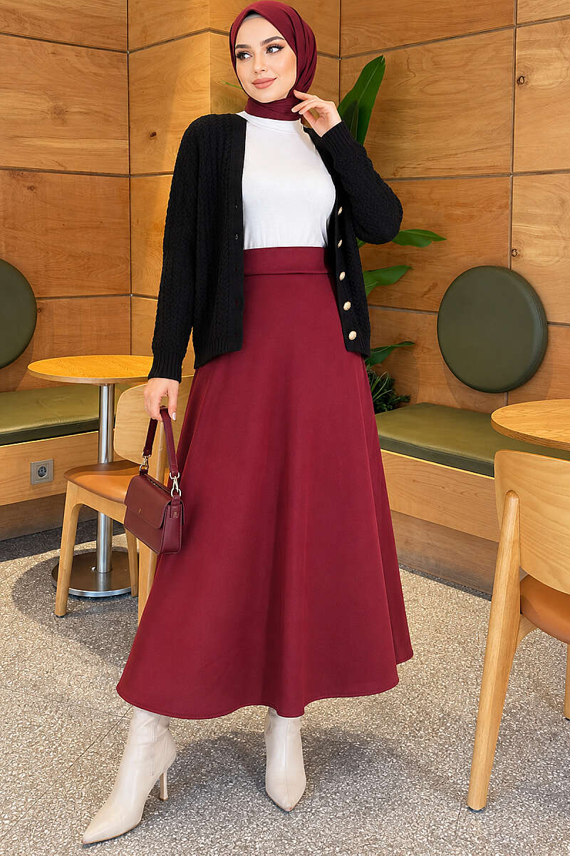 Scuba Bell Skirt with Elastic Waist - Burgundy