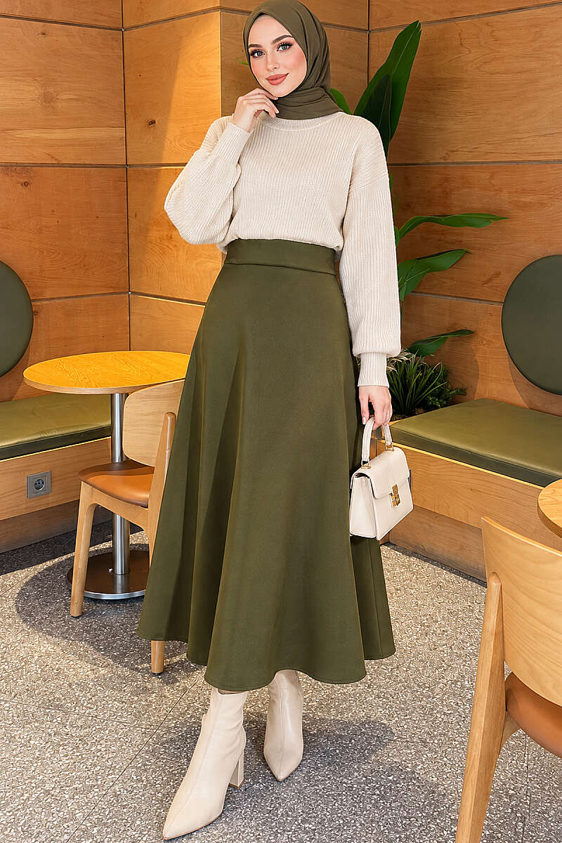 Scuba Bell Skirt with Elastic Waist - Khaki