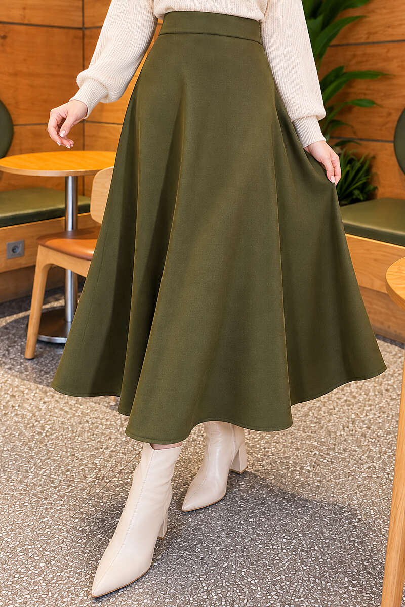 Scuba Bell Skirt with Elastic Waist - Khaki