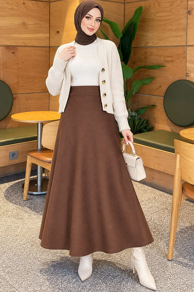 Scuba Bell Skirt with Elastic Waist - Brown
