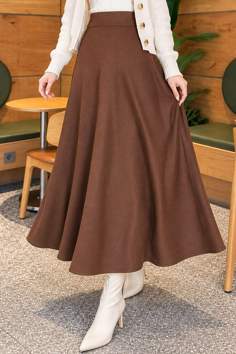 Scuba Bell Skirt with Elastic Waist - Brown