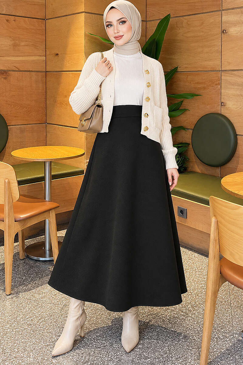 Scuba Bell Skirt with Elastic Waist - Black