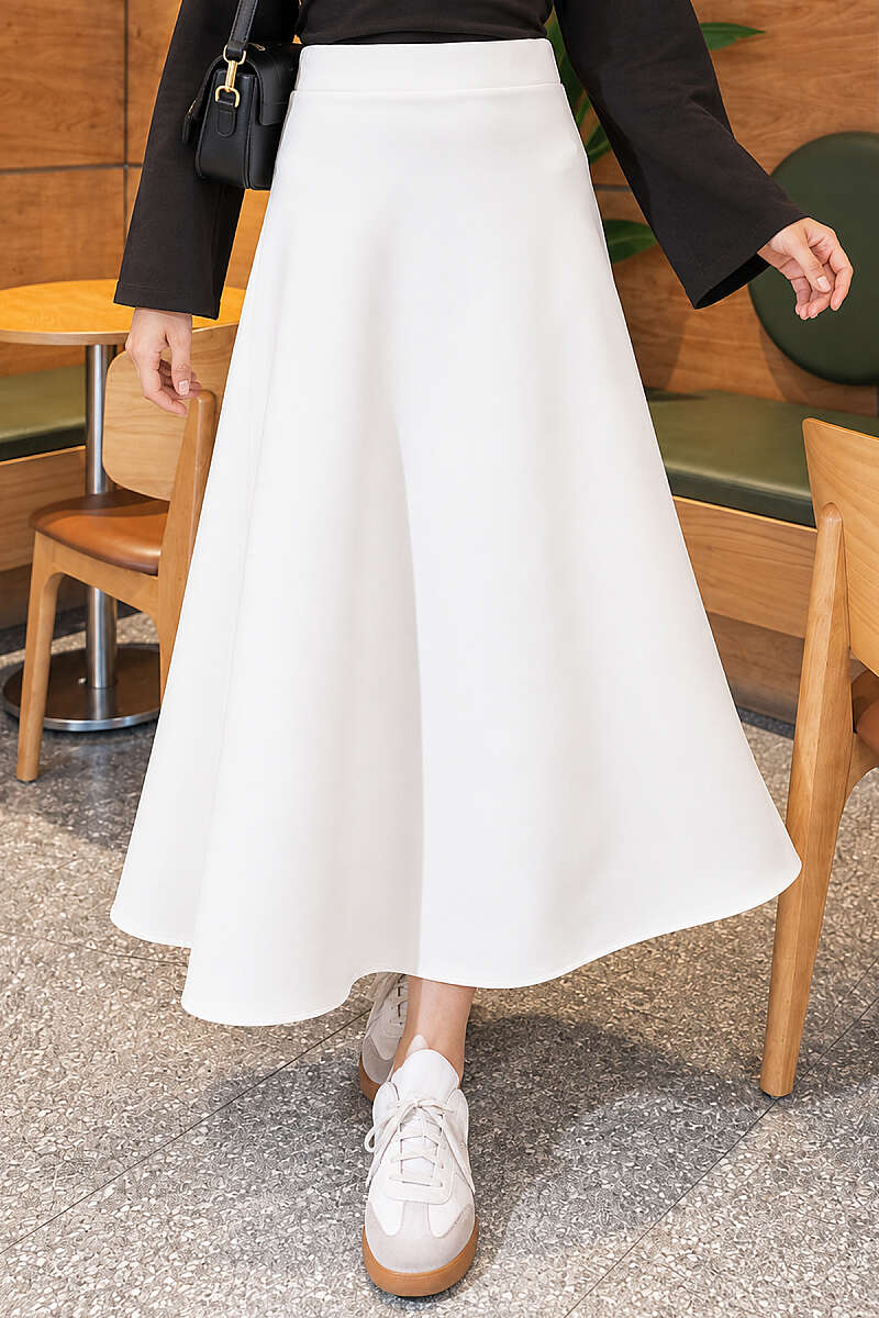 Flared Scuba Skirt with Elastic Waist - Ecru