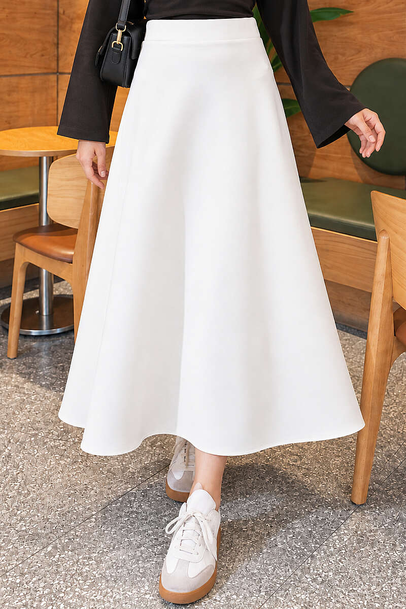 Flared Scuba Skirt with Elastic Waist - Ecru