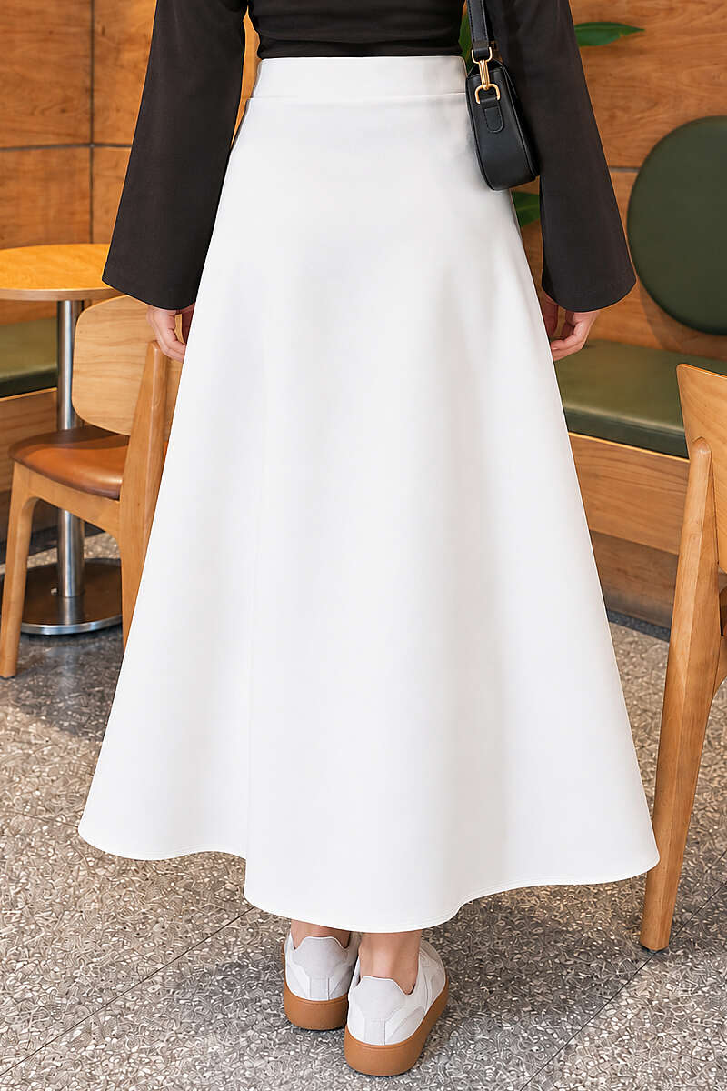 Flared Scuba Skirt with Elastic Waist - Ecru