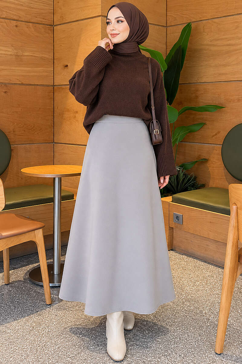 Flared Scuba Skirt with Elastic Waist - Grey
