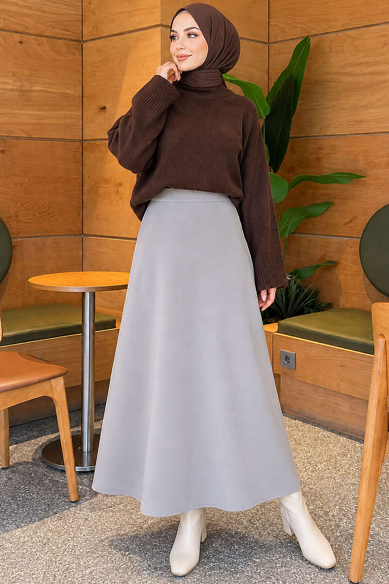 Flared Scuba Skirt with Elastic Waist - Grey