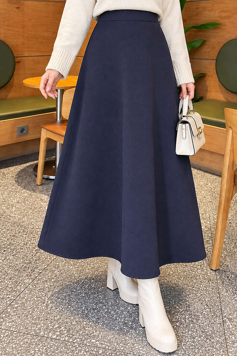 Flared Scuba Skirt with Elastic Waist - Navy