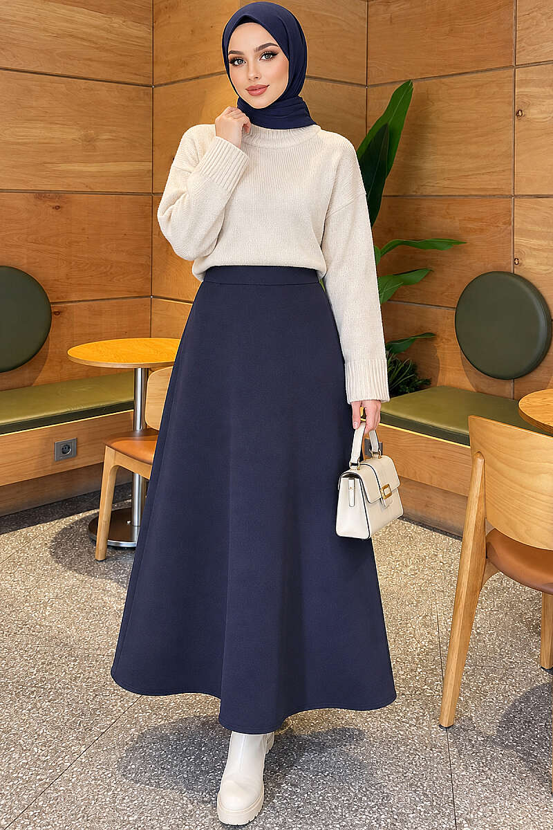 Flared Scuba Skirt with Elastic Waist - Navy