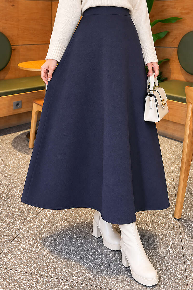 Flared Scuba Skirt with Elastic Waist - Navy