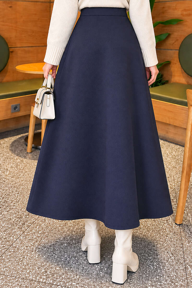 Flared Scuba Skirt with Elastic Waist - Navy