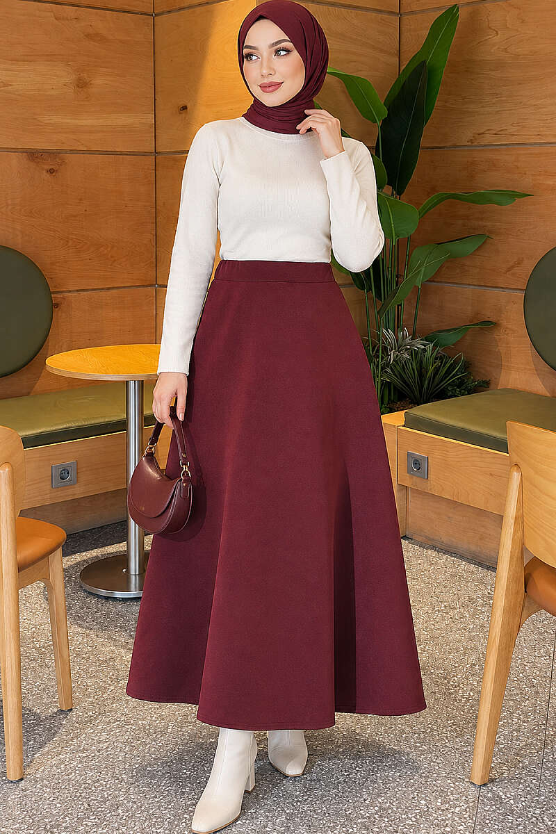 Flared Scuba Skirt with Elastic Waist - Plum