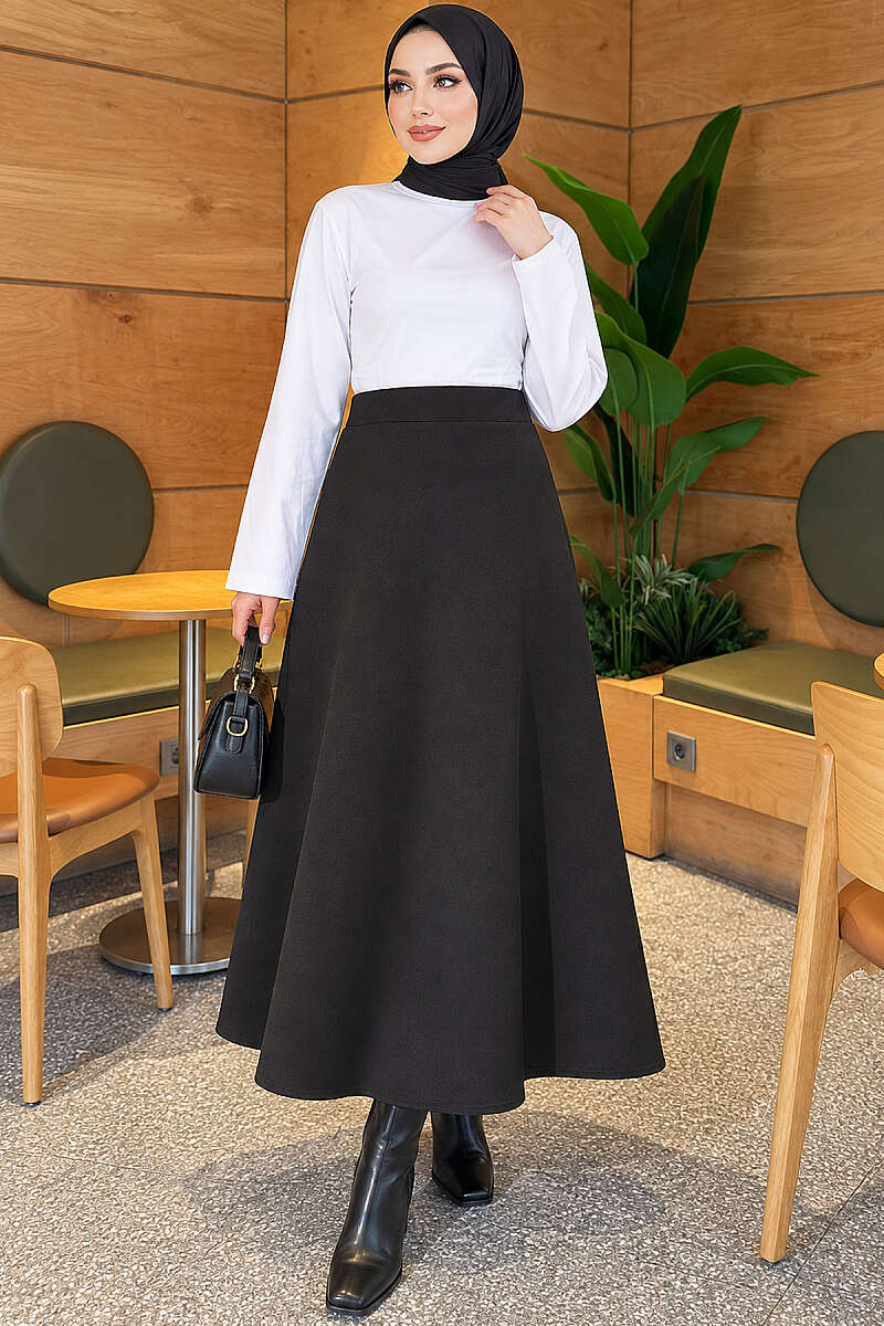 Flared Scuba Skirt with Elastic Waist - Black