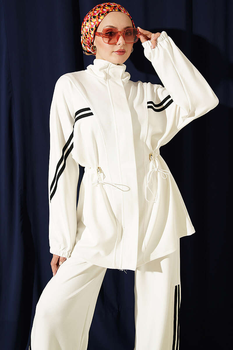 Two-Piece Set with Stripe Trim and Elastic Waist - White