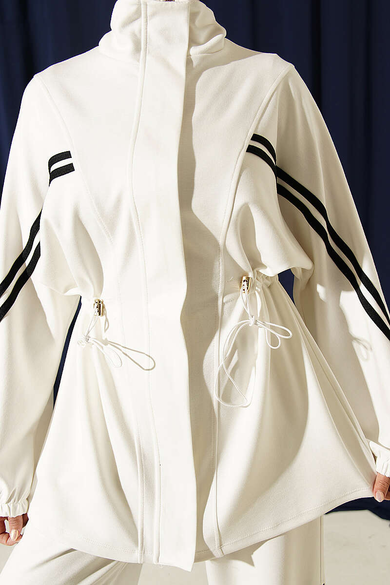 Two-Piece Set with Stripe Trim and Elastic Waist - White