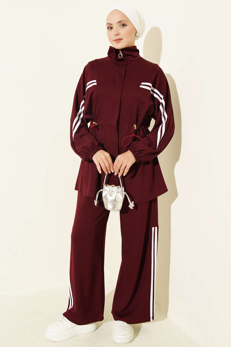 Two-Piece Set with Stripe Trim and Elastic Waist - Burgundy