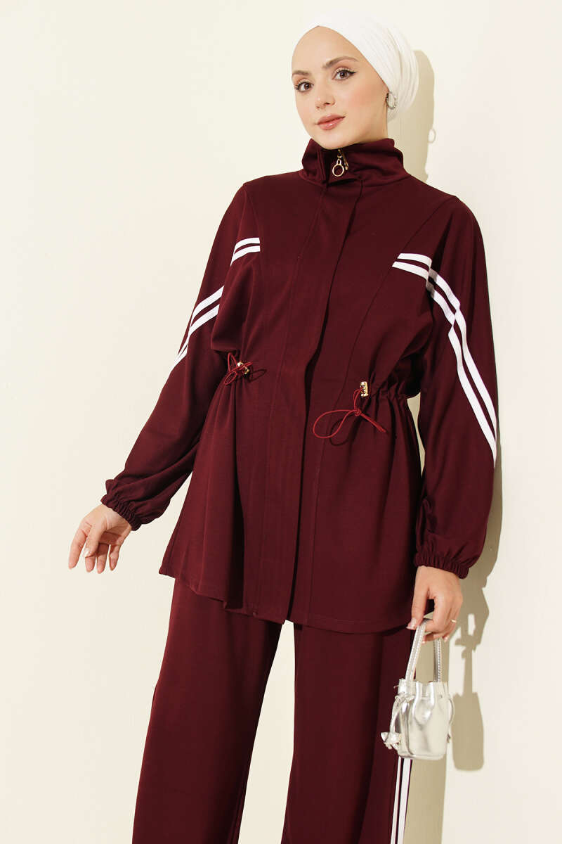 Two-Piece Set with Stripe Trim and Elastic Waist - Burgundy