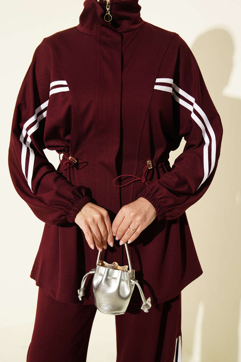 Two-Piece Set with Stripe Trim and Elastic Waist - Burgundy