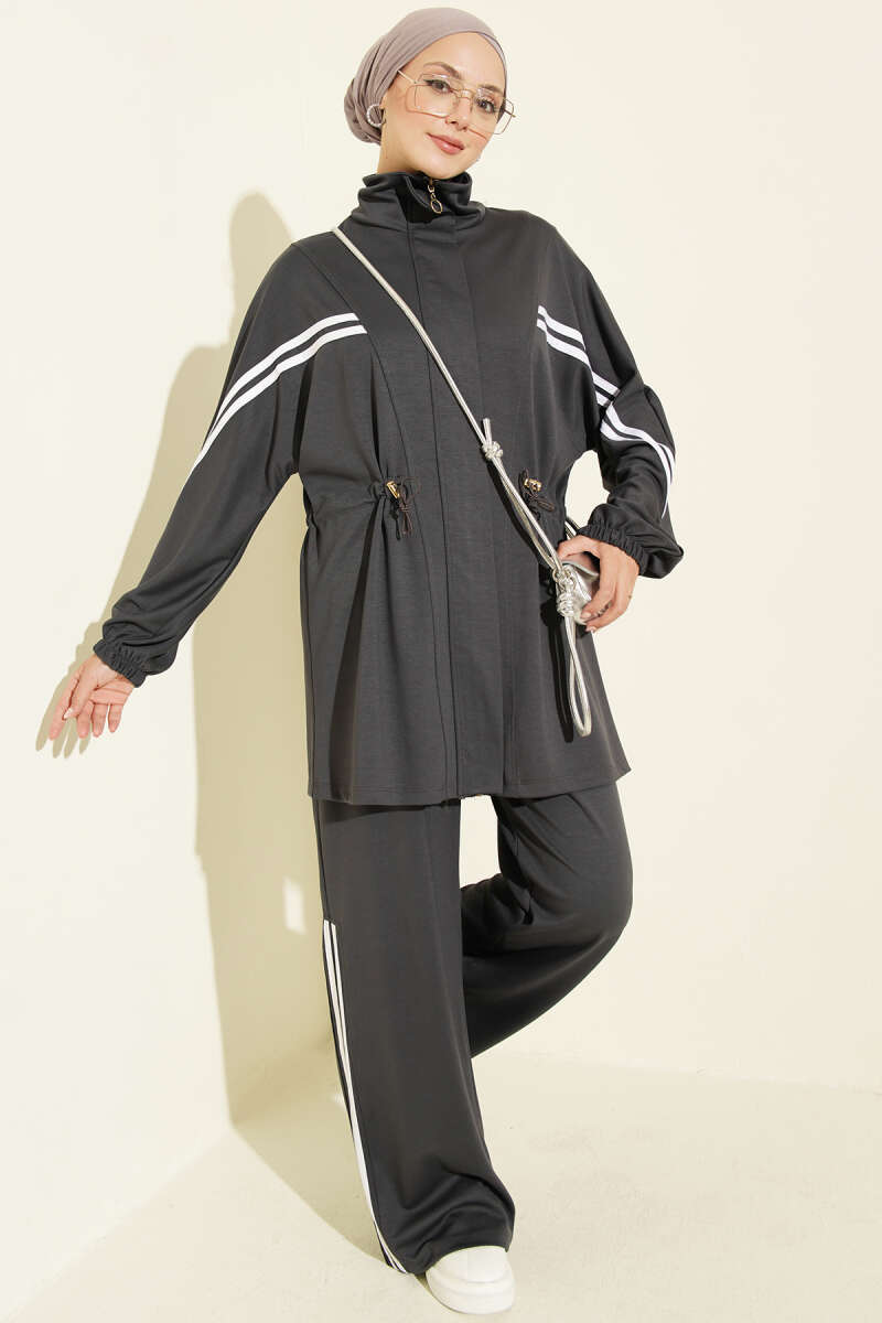Two-Piece Set with Stripe Trim and Elastic Waist - Smoke Grey